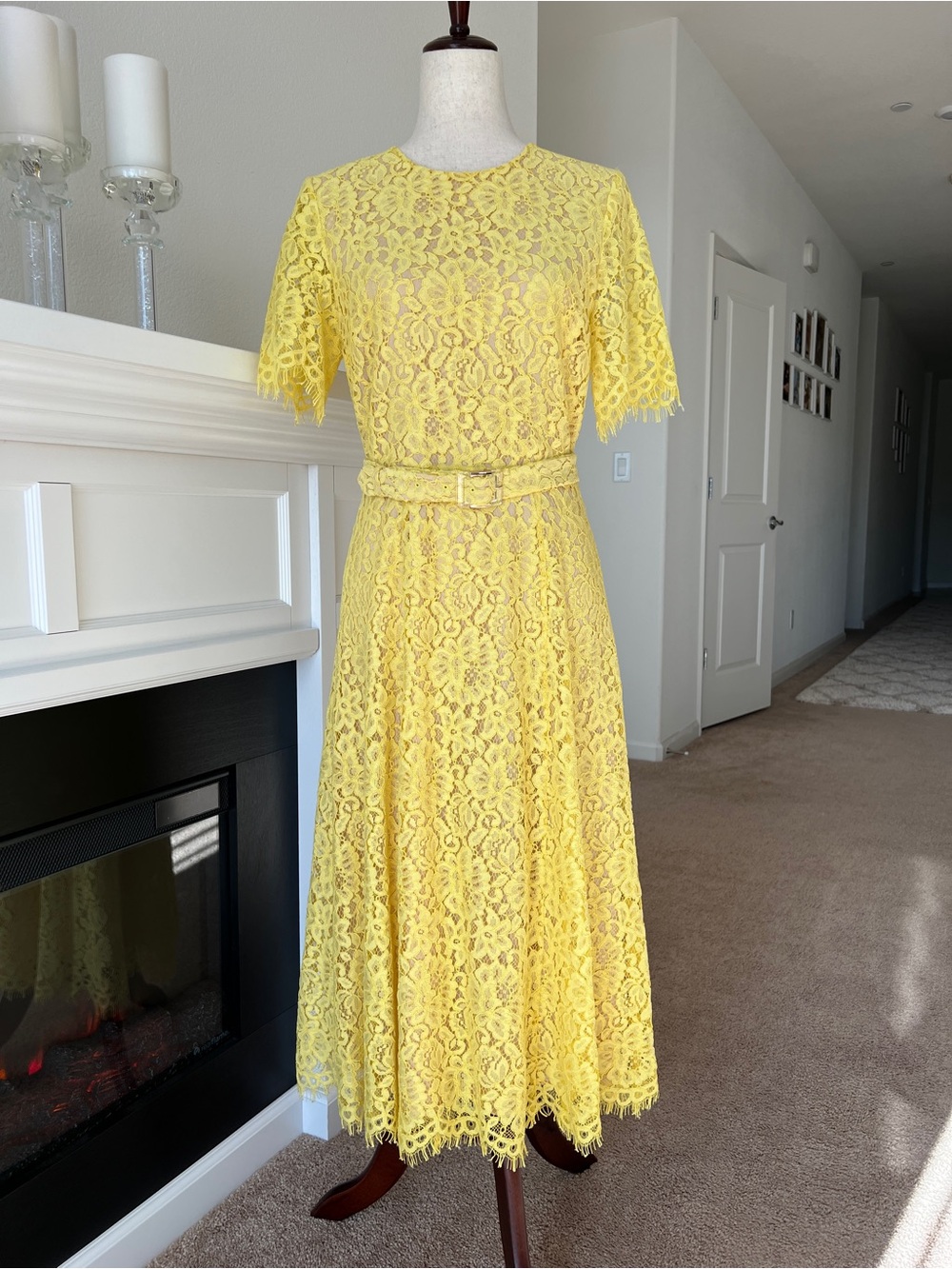 Elie Tahari Yellow Lace Midi Dress with Belt